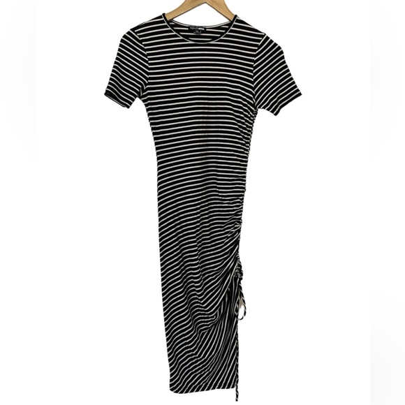 Black & White Stripe Midi Dress - Short Sleeve - Ruching - XS - Picture 5 of 9